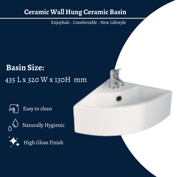 Premium 435MM Ceramic White Wall Hung Corner Basin Sink Sinki with