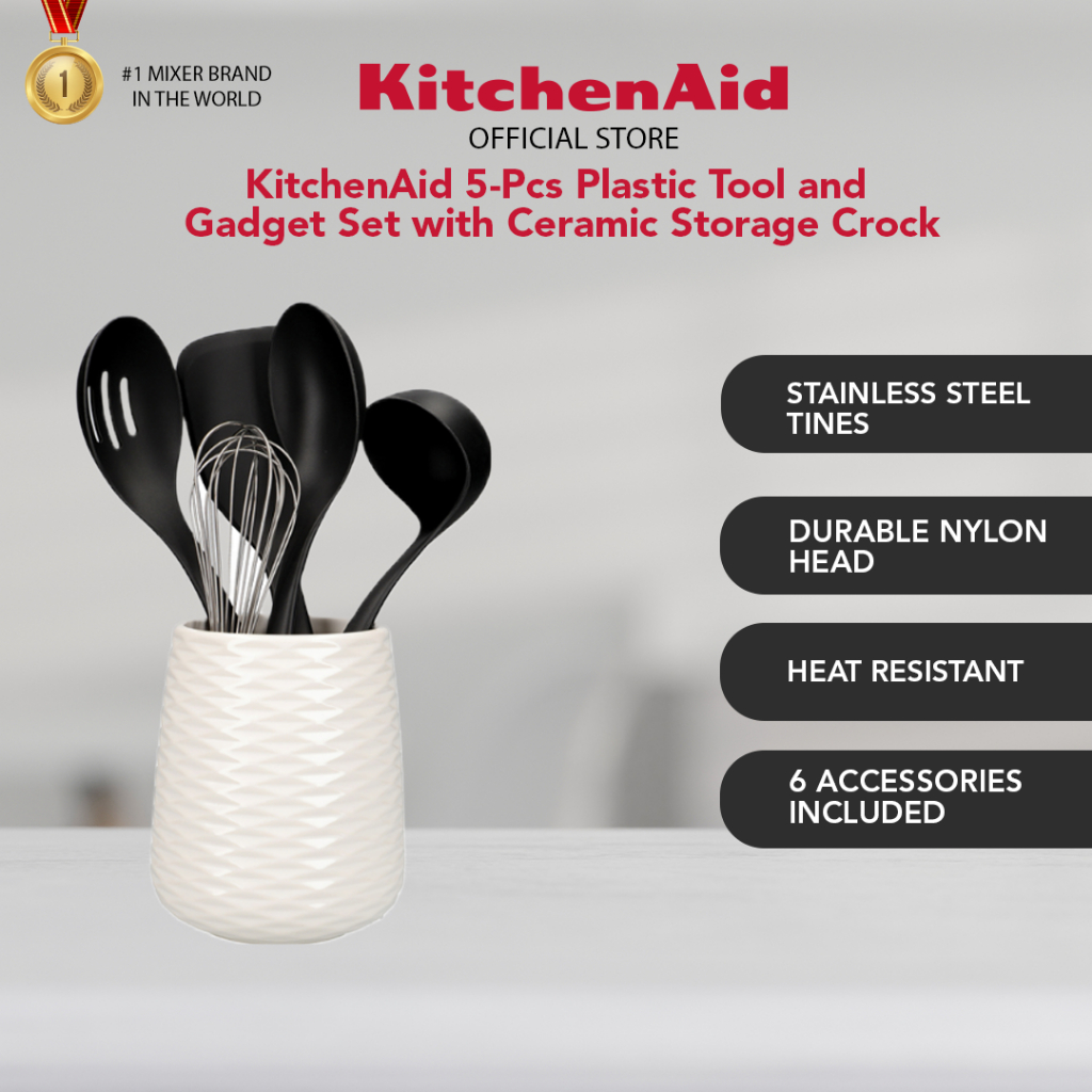 KitchenAid 5Pcs Plastic Tool and Gadget Set with Ceramic Storage Crock