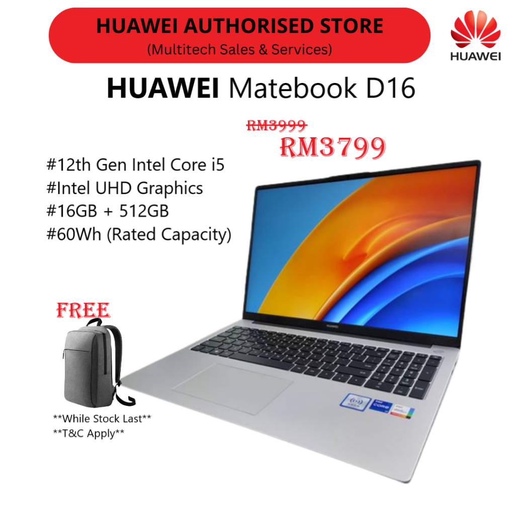 Huawei Matebook D16 12th Gen Intel Core i5 16GB + 512GB 15.6 Inch ...
