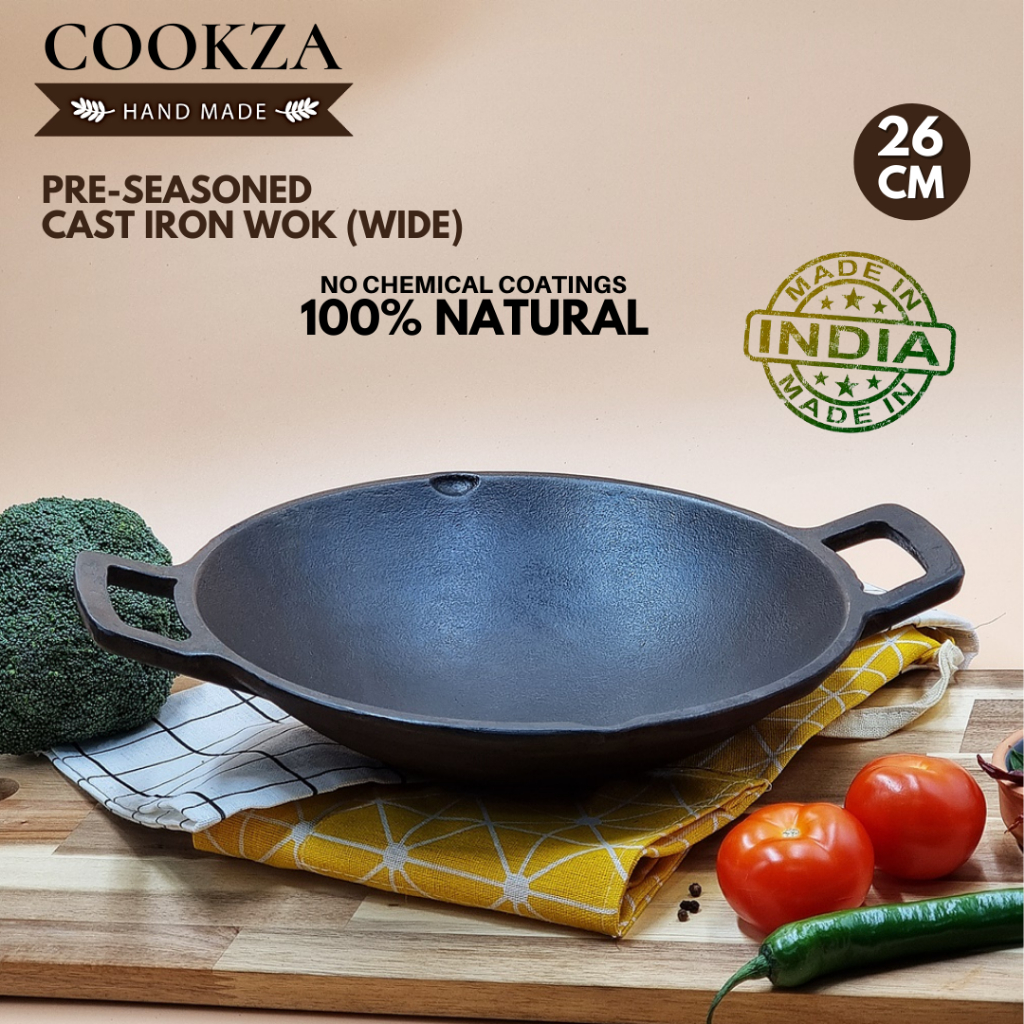 Cookza Handmade 26cm Pure Cast Iron Wok, Cast Iron Cookware, Cast Iron Wok Japan, Japanese Wok, Indian Wok, Kadai Indian