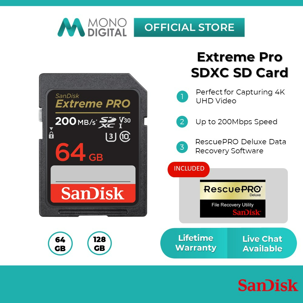 SanDisk Extreme PRO SD Card (32GB/64GB/128GB) 200MB/s Class 10 U3