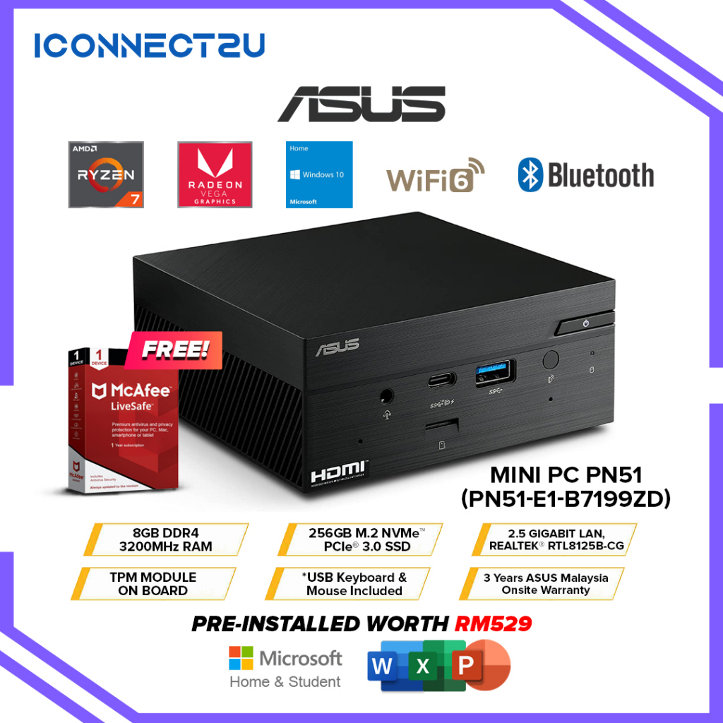 Asus Mini PC PN51E1B7199ZD R7/8GB/256GB/W10H (USB KEYBOARD MOUSE