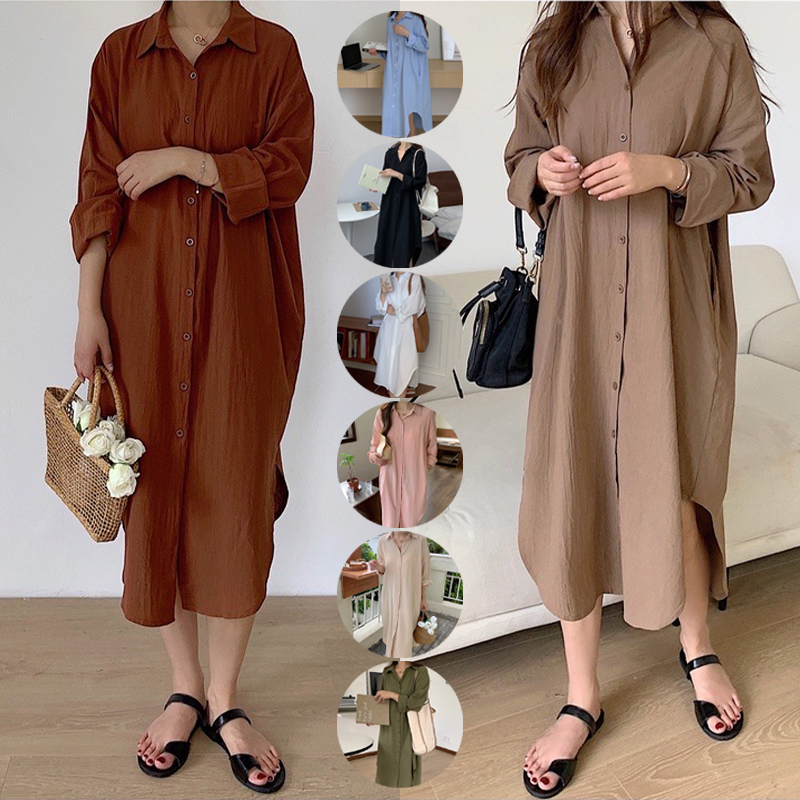 👗Ready Stock👗8 Colors Korean Women Split Hem Long Dress Cotton Linen ...