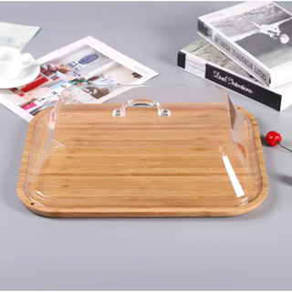 Nordic Bamboo Wooden Fruit Cake Tray with Lid Transparent Glass