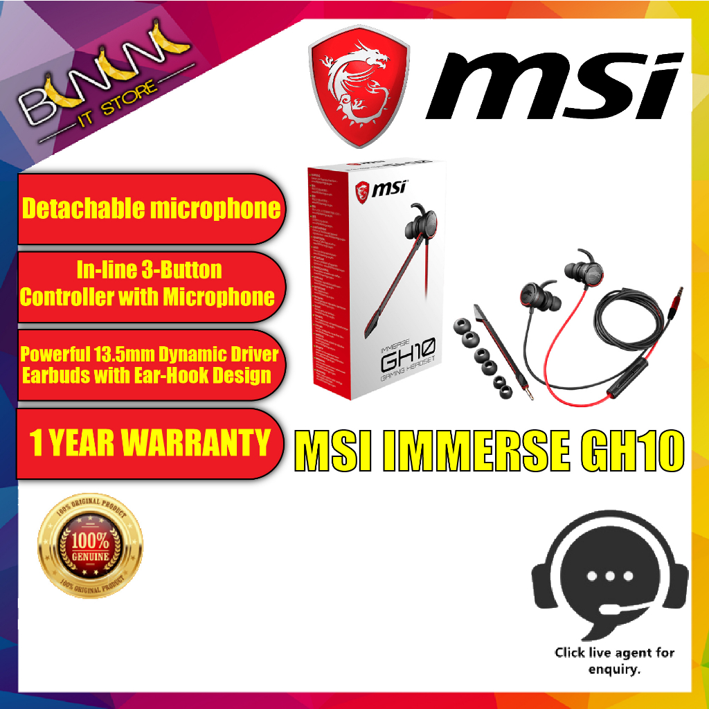 Ready Stock MSI IMMERSE GH10 HEADSET In ear GAMING EARPHONE