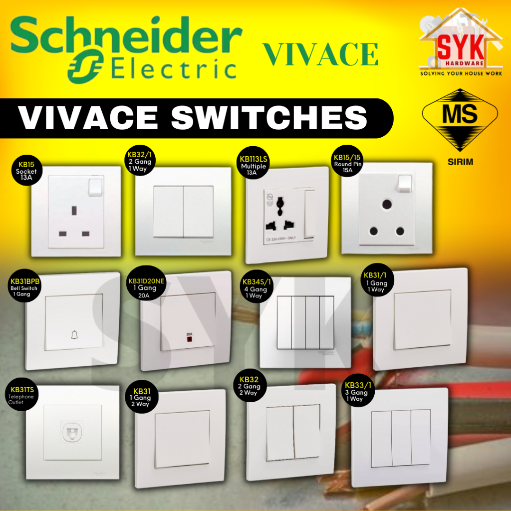 Syk Schneider Vivace 13a 15a 1gang 2gang 3gang 4gang 1way 2way Bell Press Telephone Outlet Cable 4586