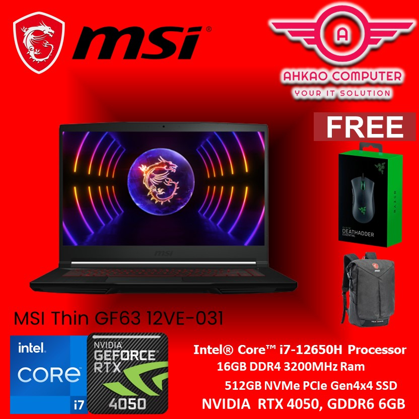 MSI Thin GF63 12VE-031 15.6'' FHD Gaming Laptop ( I7-12650H, 16GB