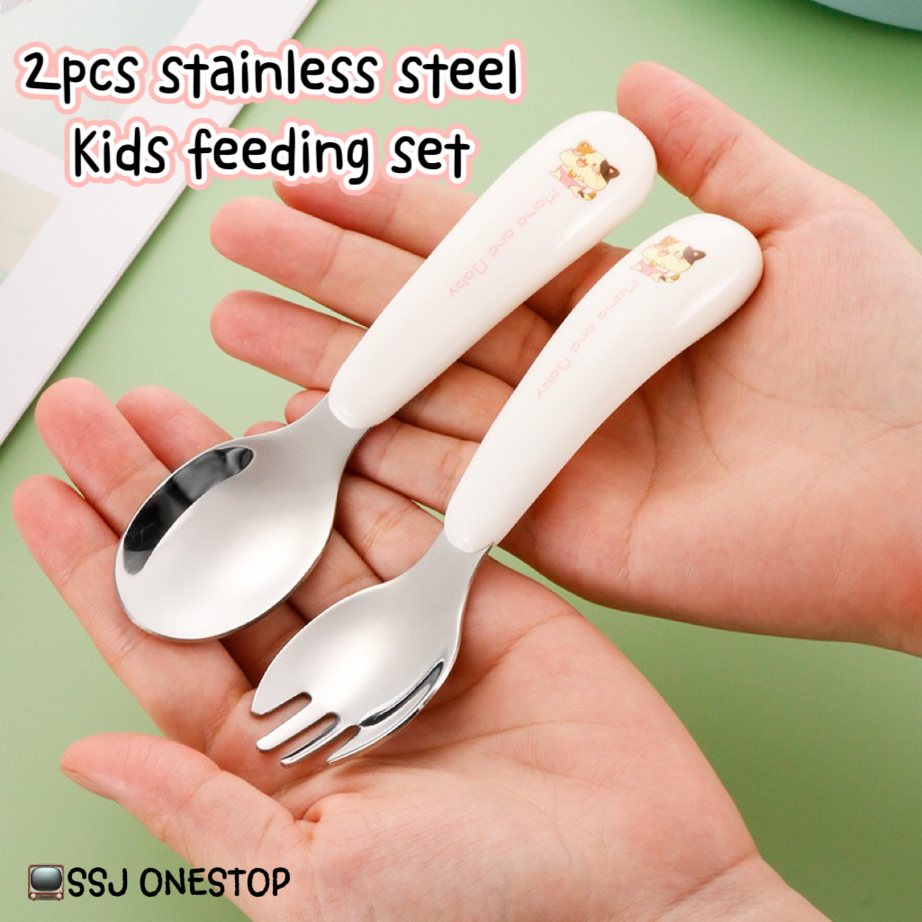 2pcs/set Stainless Steel Round Handle Fork And Spoon Set For Kids