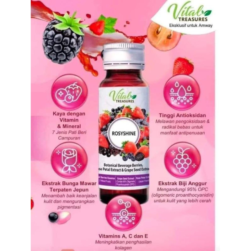 EXP 2025 🔥VITAL TREASURES ROSYSHINE Botanical Beverage Berries, Rose Petal  Extract & Grape Seed Extract