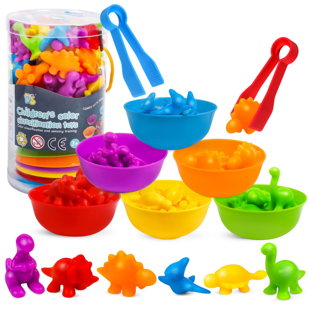 Counting Dinosaur Toys Matching Color Sorting Stacking Games With Bowls ...