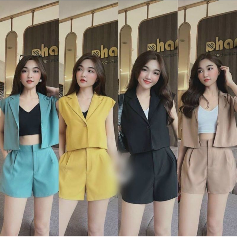 ★READY STOCK★Women Set Wear Short Sleeve 3pcs (Blouse + Top + Short ...