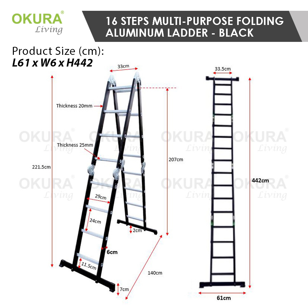 OKURA 12/16 Steps Multipurpose High Quality Aluminium Foldable LADDER ...