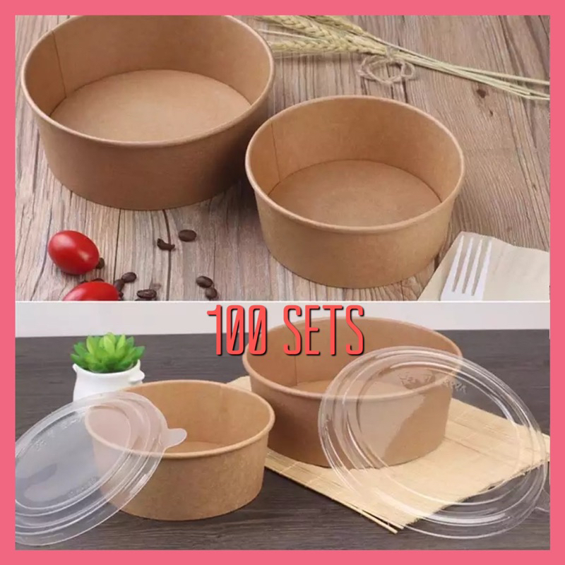 (100pcs) Disposable Kraft Paper Bowls Fruit Salad Food Packaging