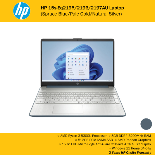 HP 15s-Eq2195/2196/2197AU Laptop (Spruce Blue/Pale Gold/Natural Silver ...