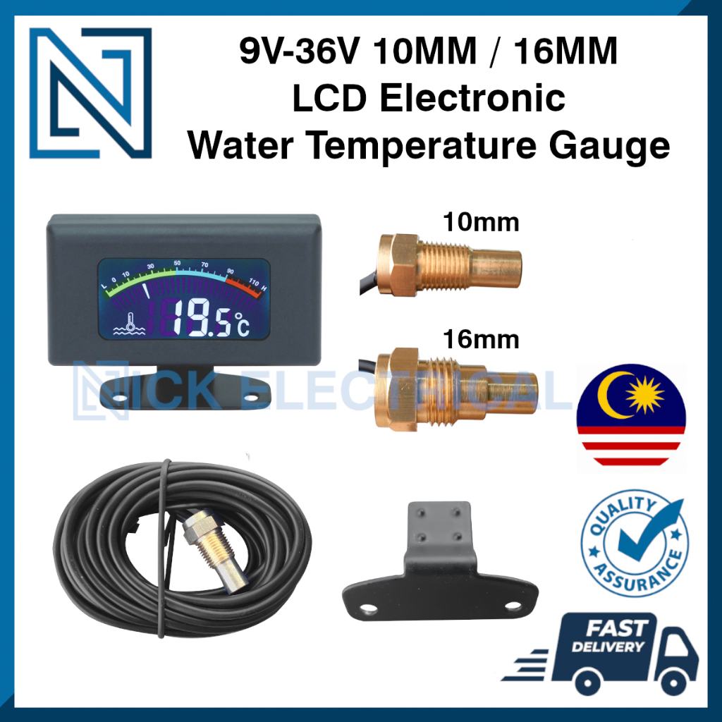LCD Electronic Water Temperature Gauge Temp Meter With Alarm 12V 24V 10mm 16mm Sensor Shopee