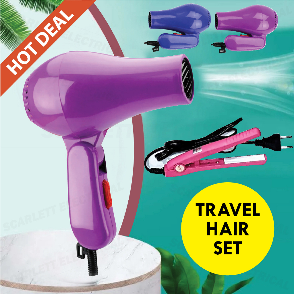 (TRAVEL SET) Mini Hair Iron Straightener Curler & Foldable Mini Hair