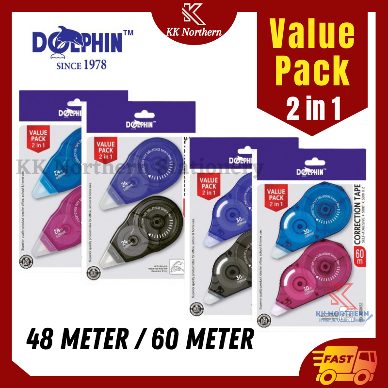 Dolphin Correction Tape 2in1 Value Pack 48meter / 60meter (2's/Blister ...