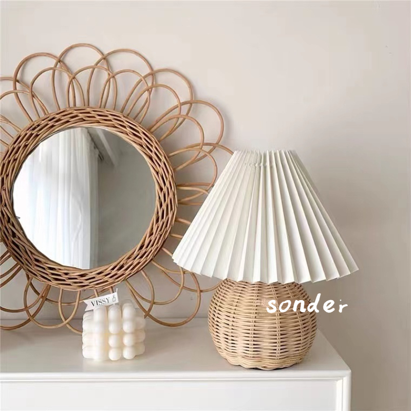 Ready Stock⚫SONDER⚫ Rattan Lamp Pleated Table Lamp Vintage Bedside Lamp ...