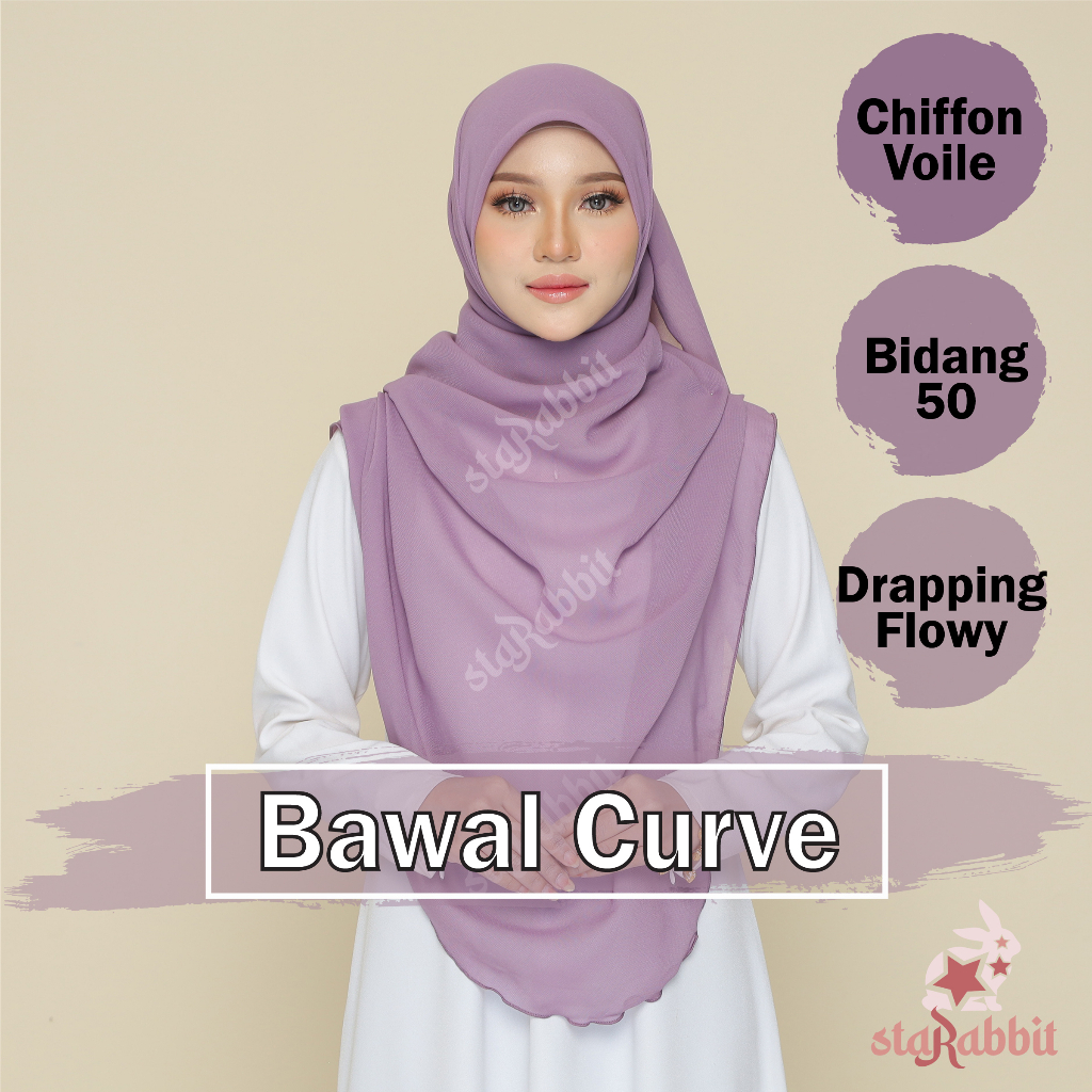 Tudung Bawal Chiffon Voile CURVE Bidang 50 Plain Bucu Bulat Kosong ...