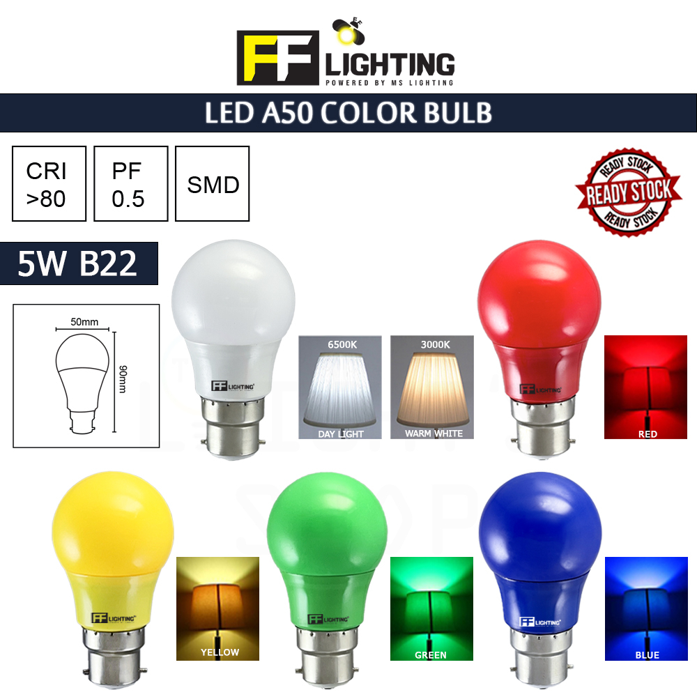FFL LED COLOUR BULB 5W B22 DAY LIGHT/WARM WHITE/RED/YELLOW/GREEN/BLUE ...