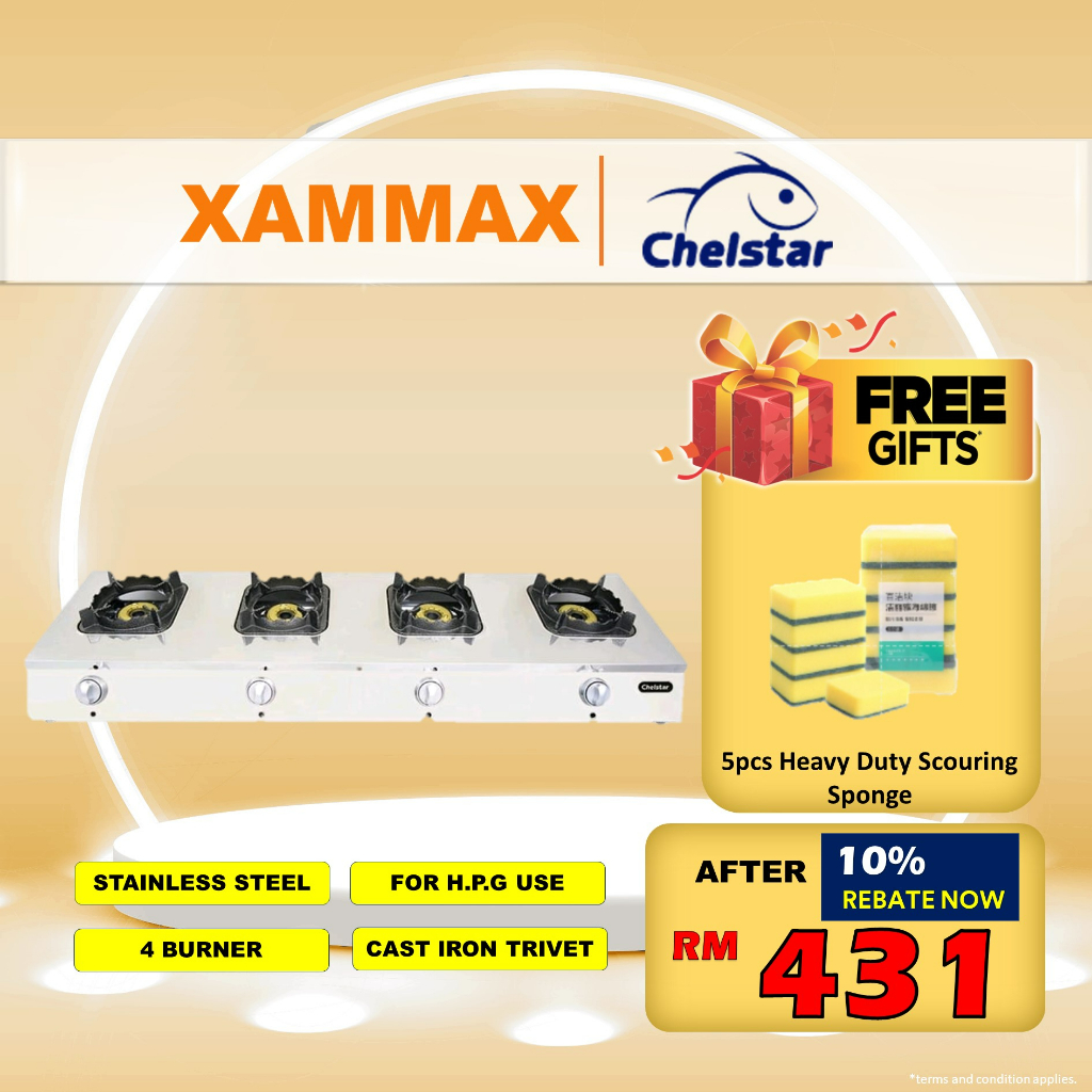 Chelstar MS4A / MS4AS Stainless Steel Gas Stove / 4 Burner Hob