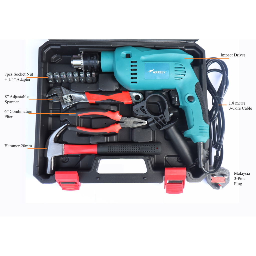 Wately Impact Drill Metal Cement Steel wood Drilling Machine with Screwdriver Drilling Bit Hammer Spanner Plier Shopee Malaysia