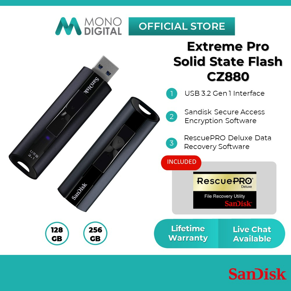 SanDisk Extreme PRO USB 3.2 256GB Solid State Flash Drive 128GB