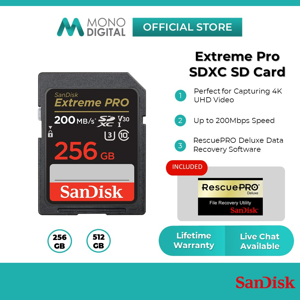 SanDisk Extreme PRO SD Card (256GB/512GB) 200MB/s Class 10 U3 4K UHSI Memory SD Card Shopee