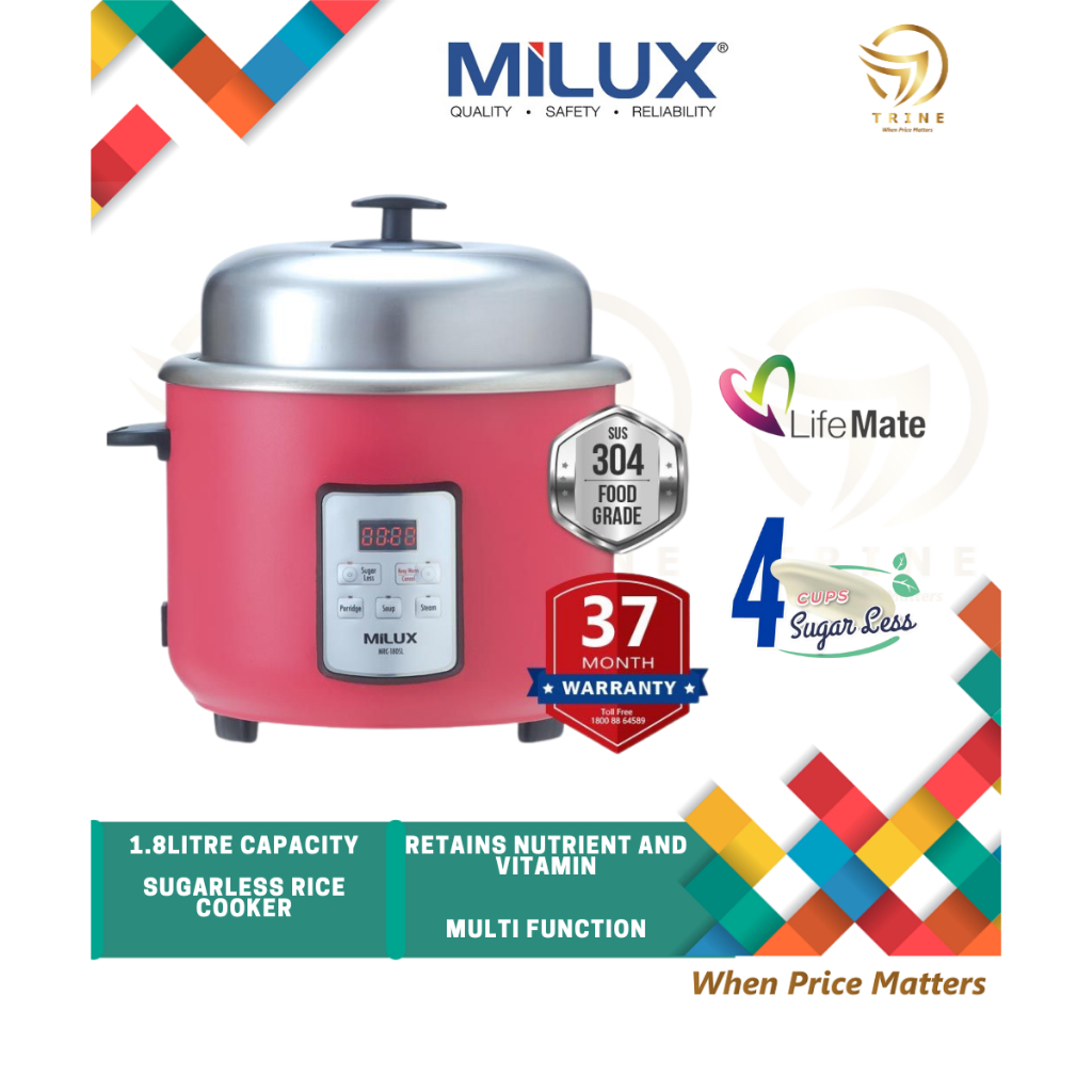 Milux Sugar Less Healthy Rice Cooker (1.8L) MRC180SL MRC180SL Shopee
