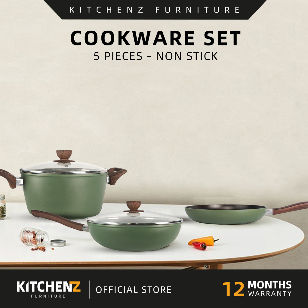 KitchenZ Cookware Set of 5 NonStick Cookwares Wok Pan Pot Set German Ernesto 5 Layer with Lids