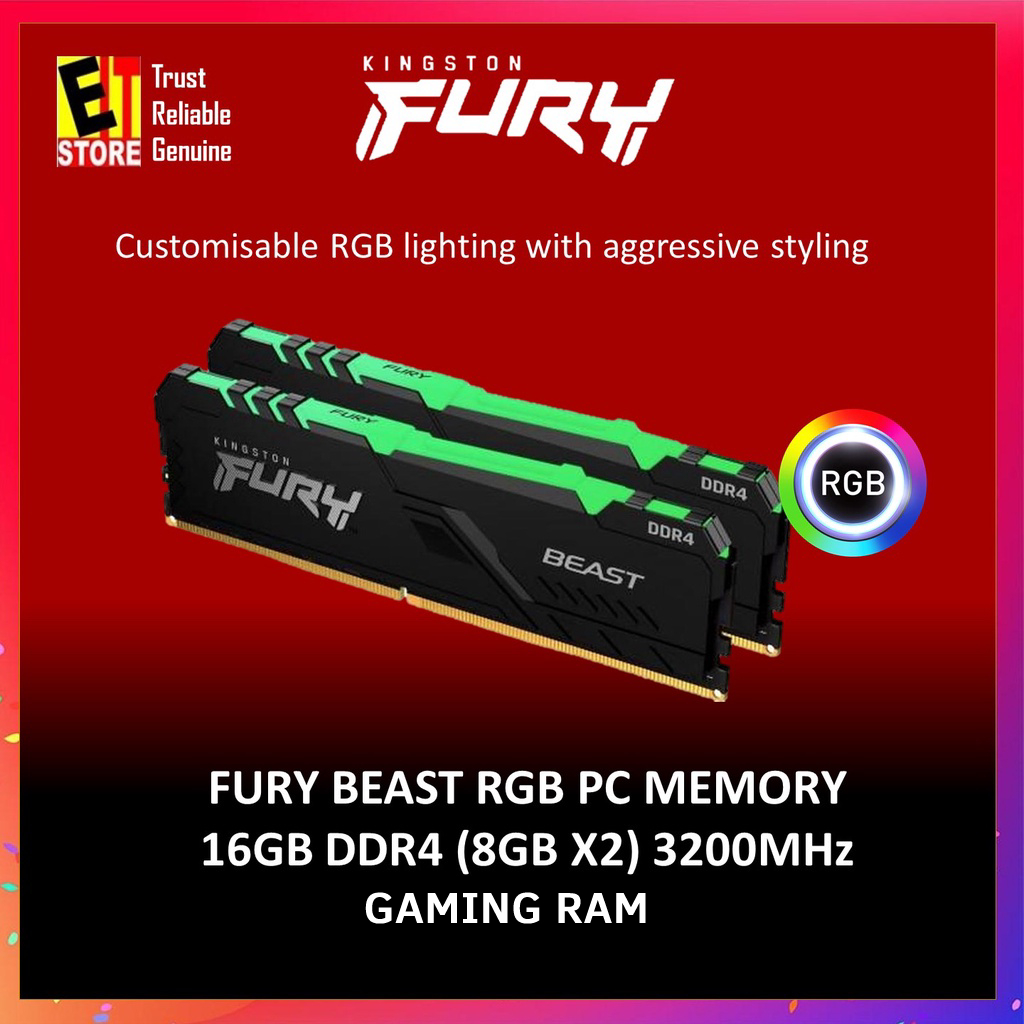 KINGSTON FURY BEAST RGB 16GB 2x8GB DDR4 3200MHz KIT OF 2 MEMORY