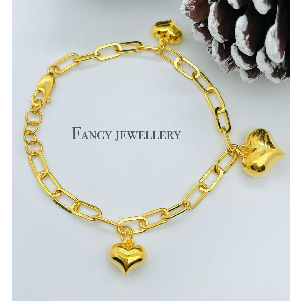 💎💎Fancy Jewellery💎💎 Emas 916 Rantai Tangan Paper Clip Gantung 3 Love