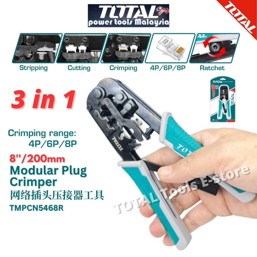 TOTAL 3 in 1 Ratchet modular plug crimper / Network cable crimping tool