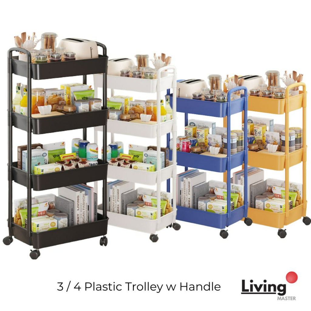 Plastic Handle Trolley 3 / 4 Tier Plastic Shelf Trolley Rack Storage