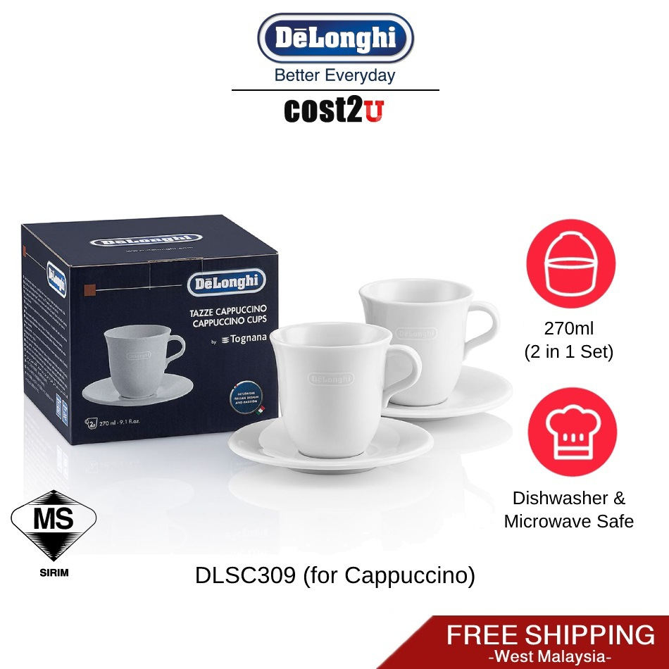 De'Longhi DLSC308 Porcelain Espresso Cup & Saucer, Set of 2