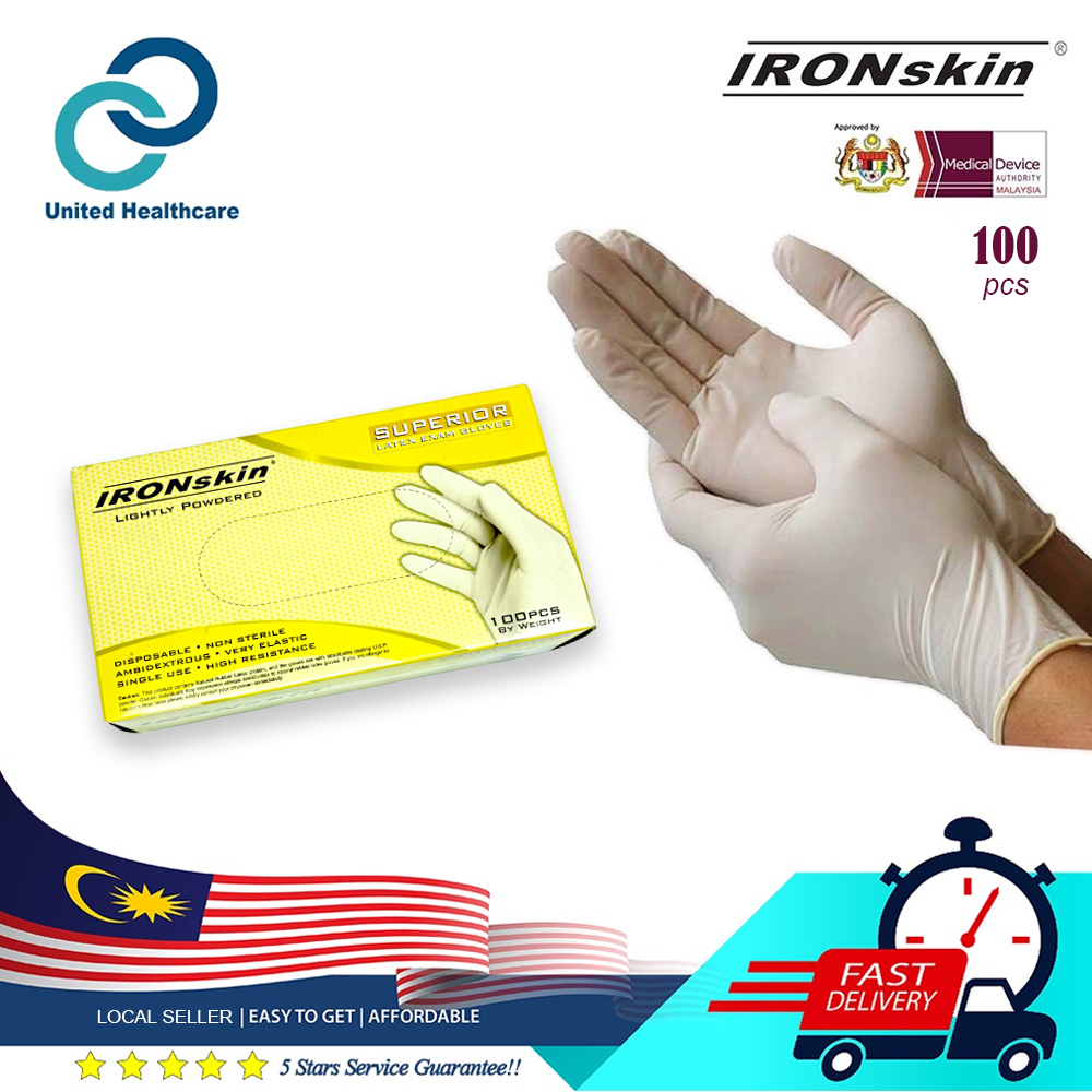 IRONskin Lightly Powdered Latex Medical Examination Gloves 100 pieces
