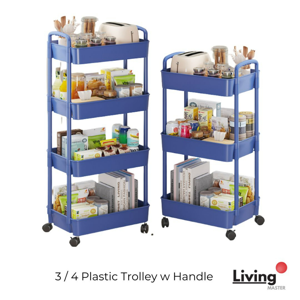 Plastic Handle Trolley 3 / 4 Tier Plastic Shelf Trolley Rack Storage