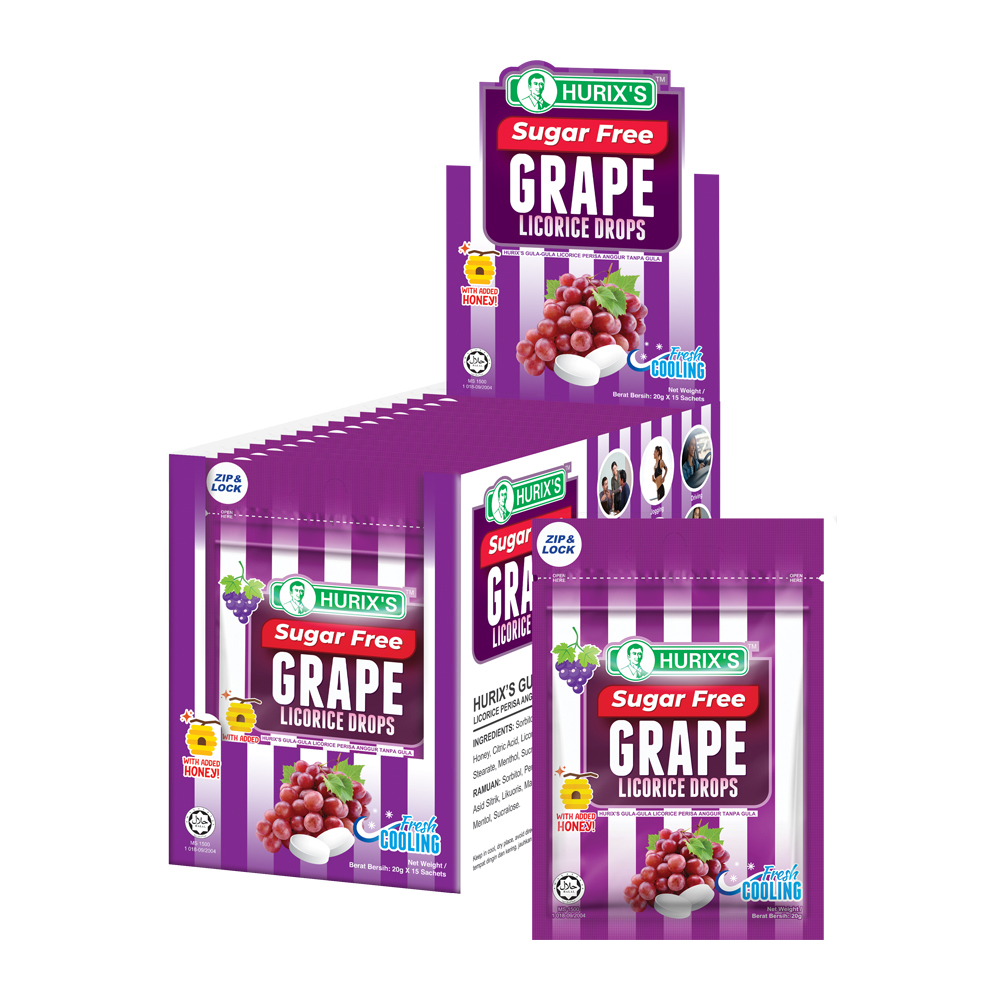 HURIX'S Sugar Free Grape Licorice Drops (15 packs per box) throat