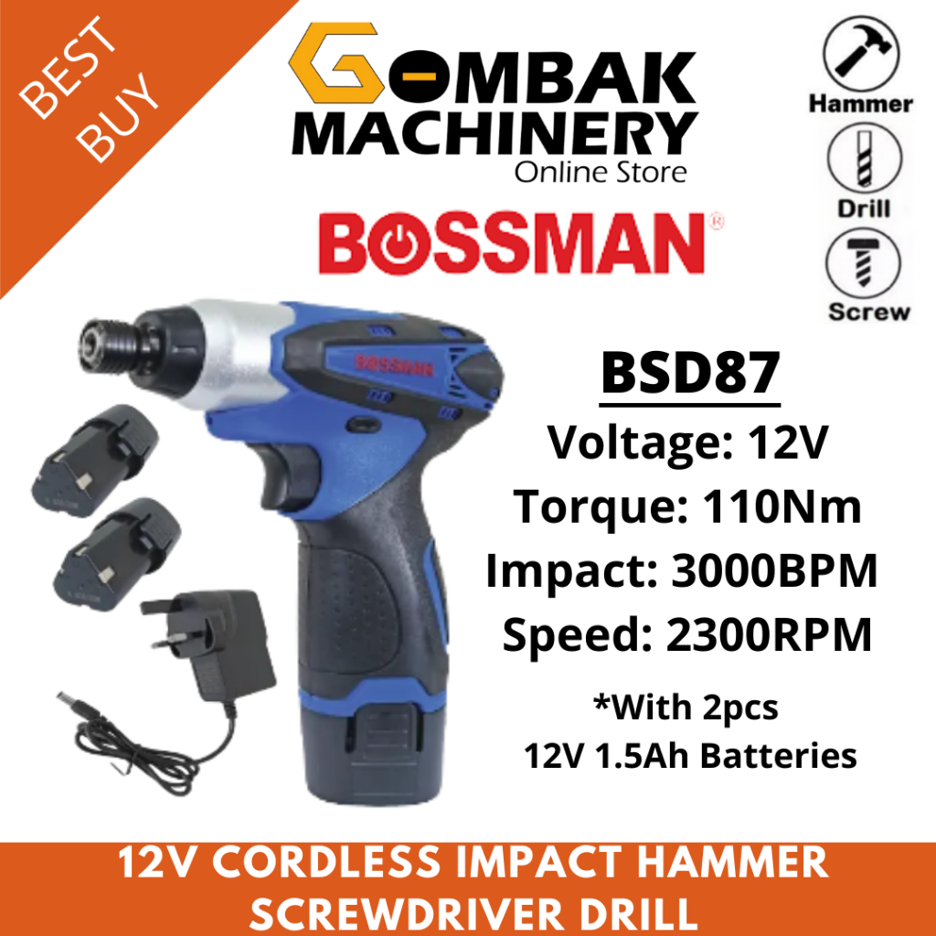 BOSSMAN BSD87 12V Cordless Impact Hammer Screwdriver C/W 2pcs 1.5Ah