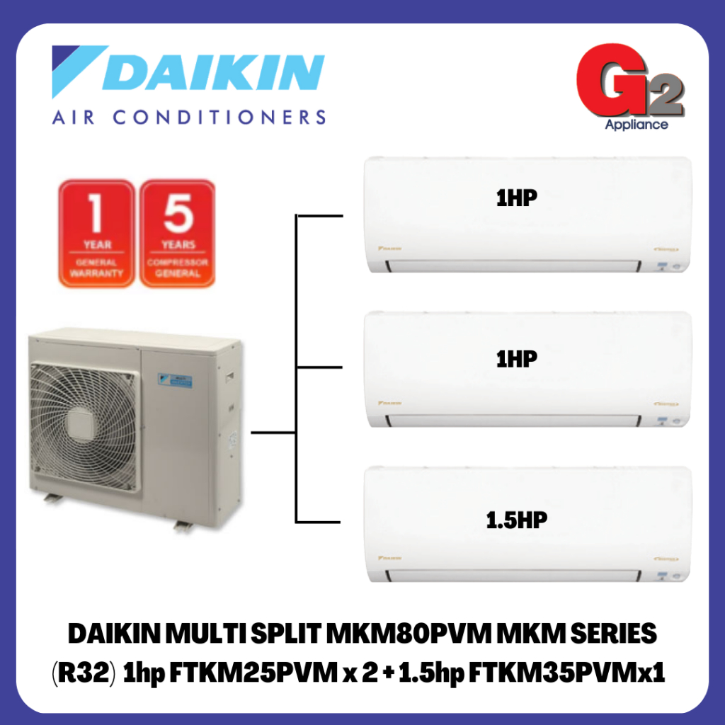 DAIKIN MULTI SPLIT MKM80PVM MKM SERIES (R32) 1hp FTKM25PVM x 2 + 1.5hp ...