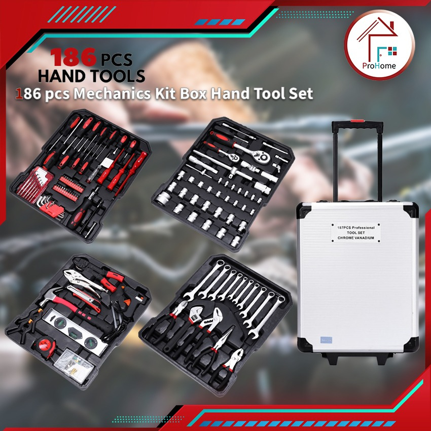 186PCS Box Hand Tool Set Case Mechanics Kit Box Toolbox Trolley