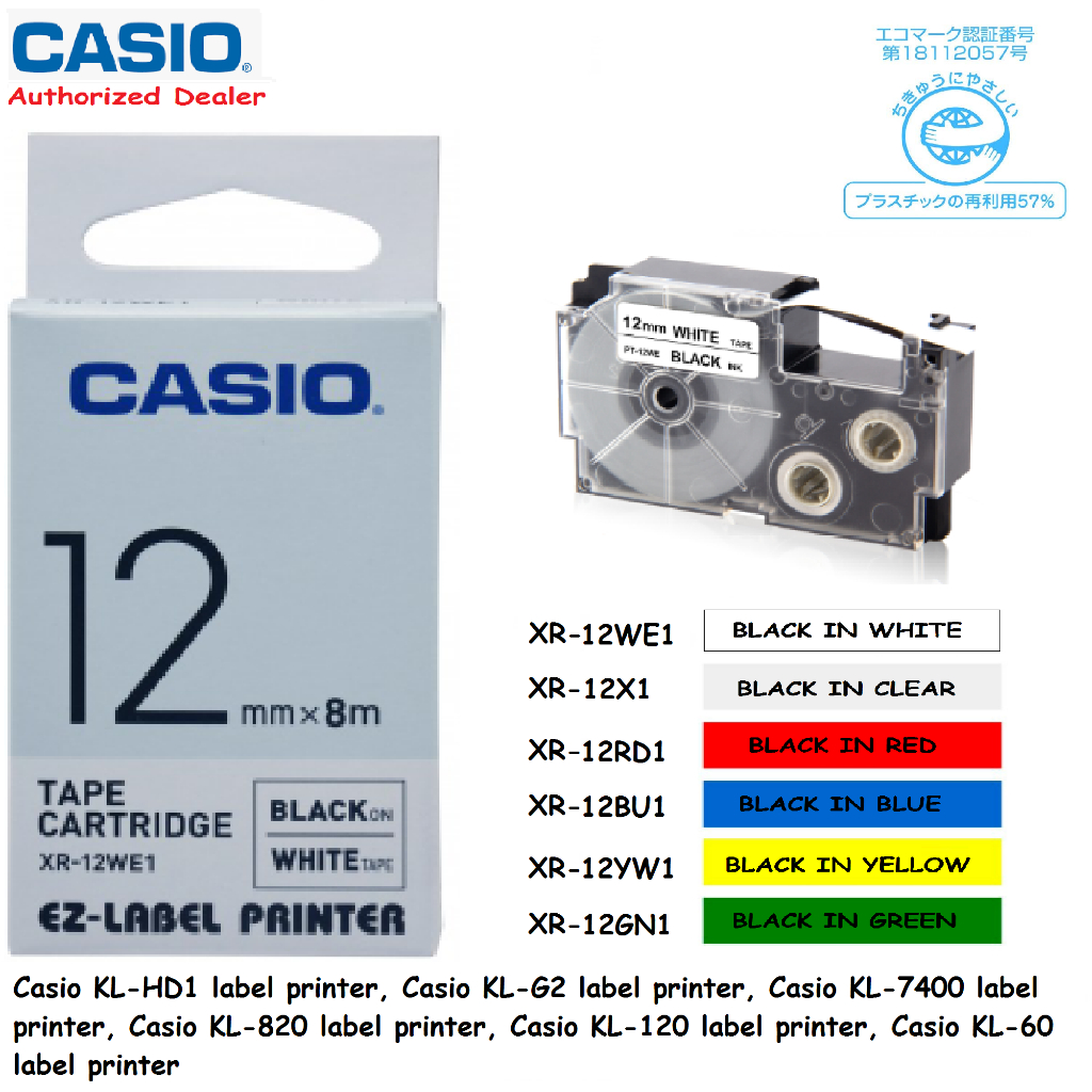 *ORIGINAL* CASIO EZ Label Printer Tape 12mm X 8M XR12 for CASIO KL120