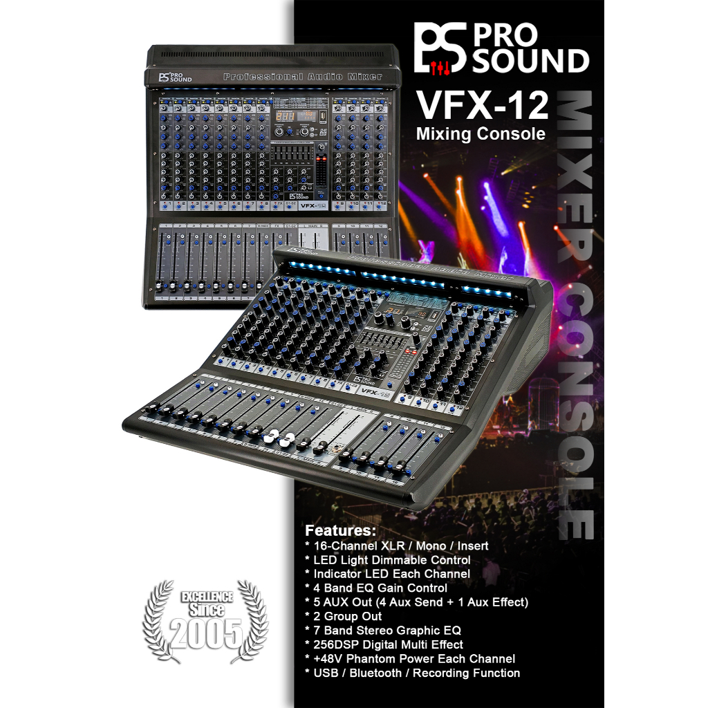 PS Pro Sound VFX12, 12ch Mixer Console 256DSP Echo Effects, 5 Aux out