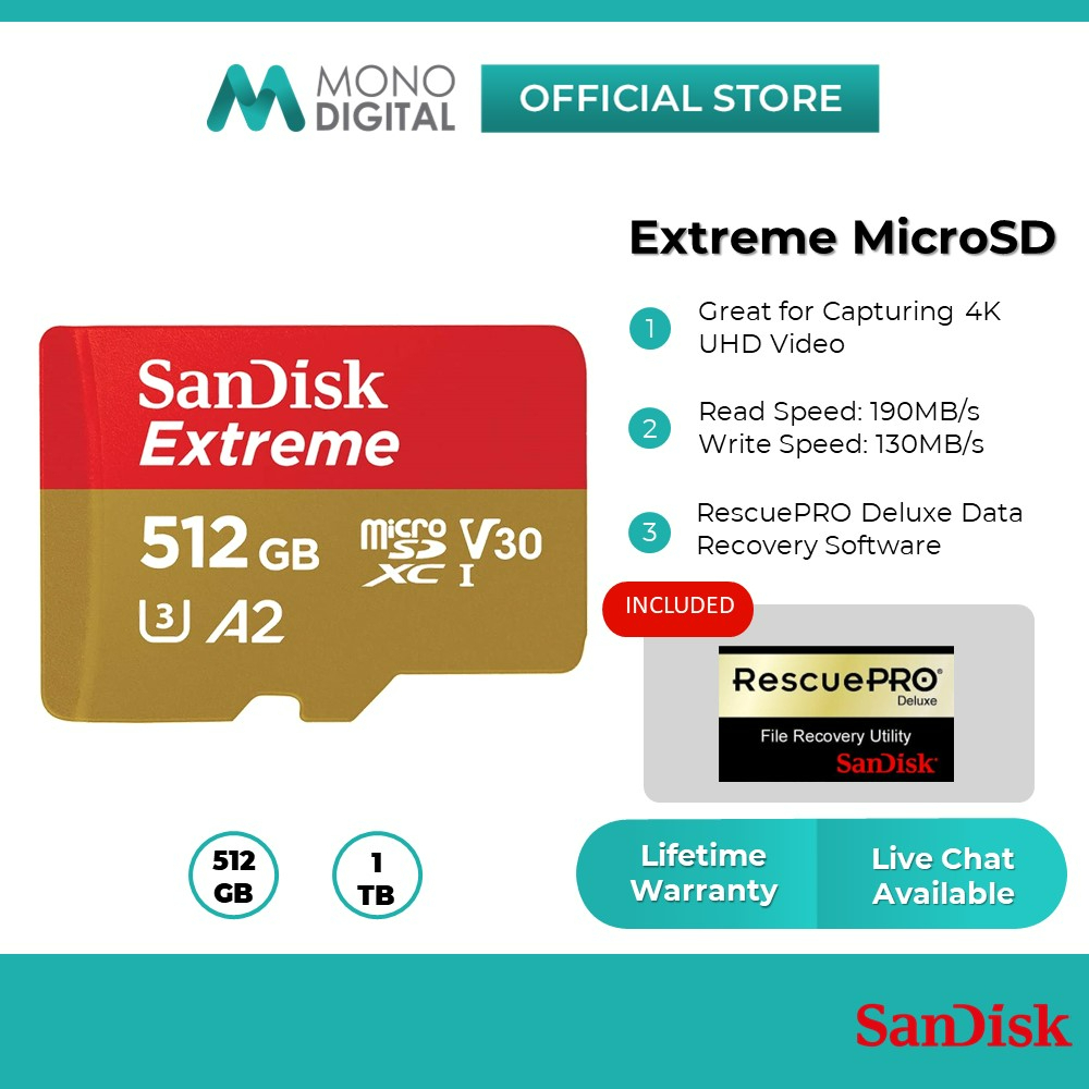 SanDisk Extreme PRO microSDXC UHS-I Memory Card 1 TB + Adapter & RescuePRO  Deluxe (for Smartphones, Action Cameras or Drones, A2, Class 10, V30, U3