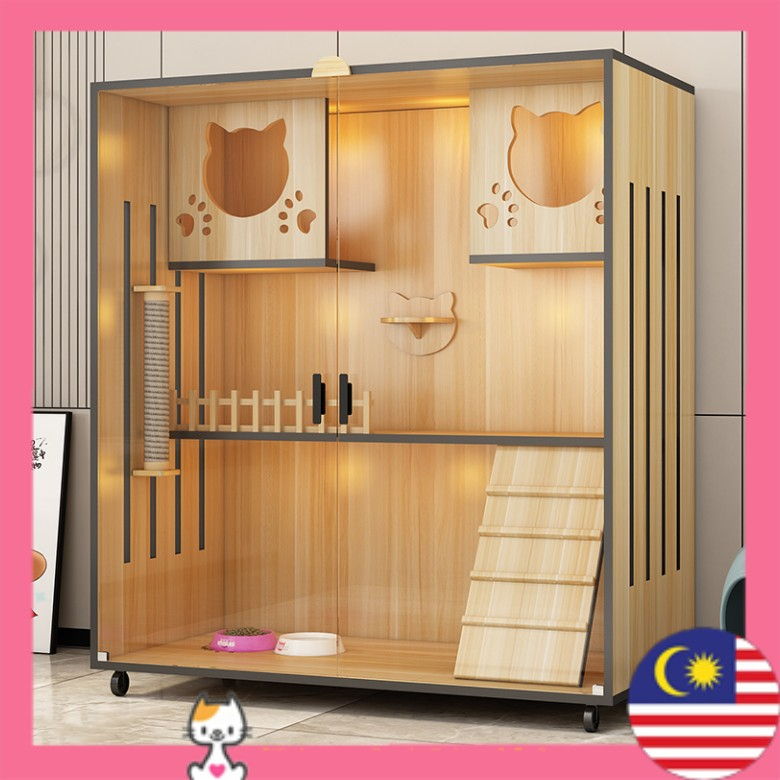 CAT HOUSE Sangkar Kucing Cat Cage Toughened Glass Door Ladder Large Pet