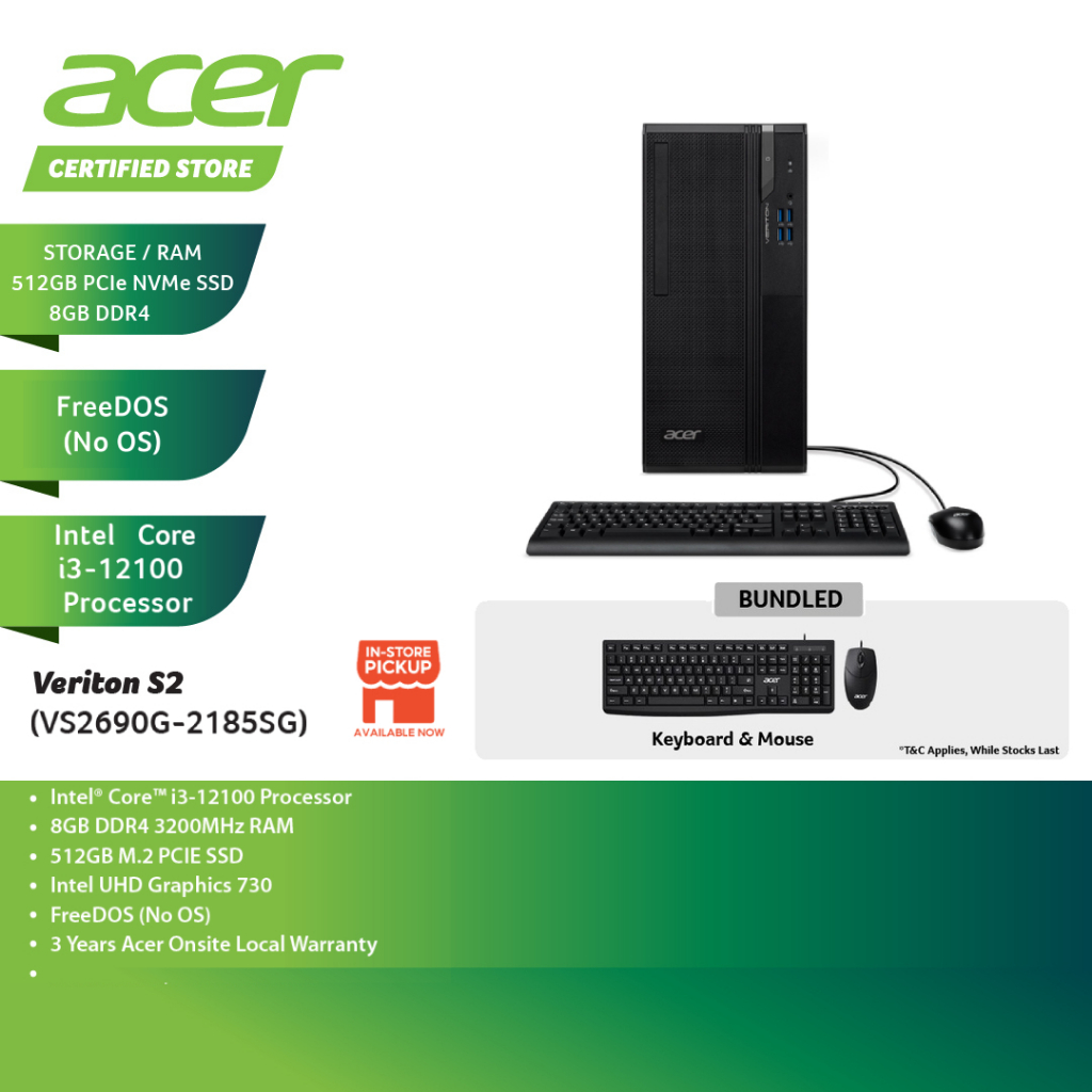 Acer Veriton VS2690G12100F Desktop PC Black ( I312100, 8GB, 512GB