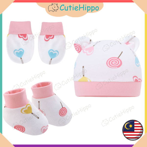 (Cartoon) Newborn Baby Hat Mitten Booties Set Infant Beanie Cap Kain ...