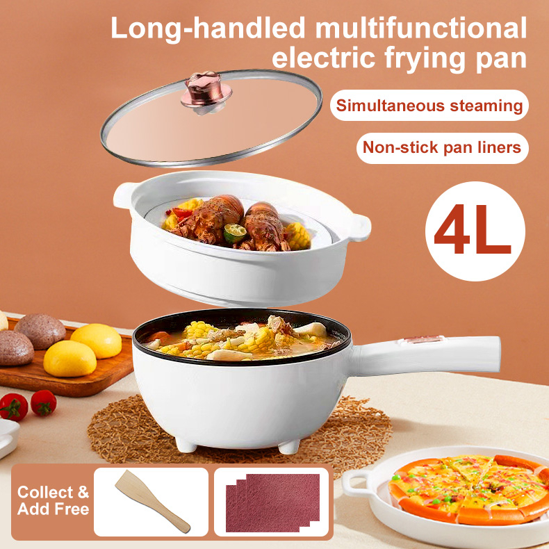 4L MultiFunction Electric Cooker NonStick Wok With Steamer Long