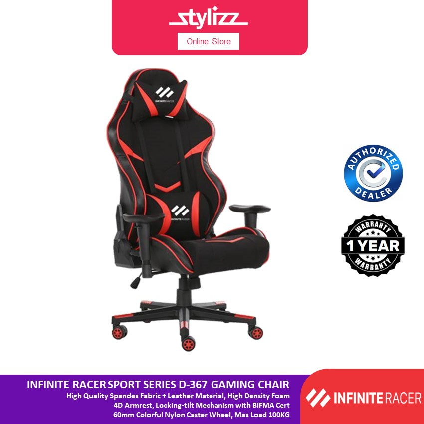 INFINITE RACER SPORT SERIES D 367 GAMING CHAIR HIGH QUALITY SPANDEX FABRIC 4D ARMREST PLASTIC BASE MAX LOAD 100KG