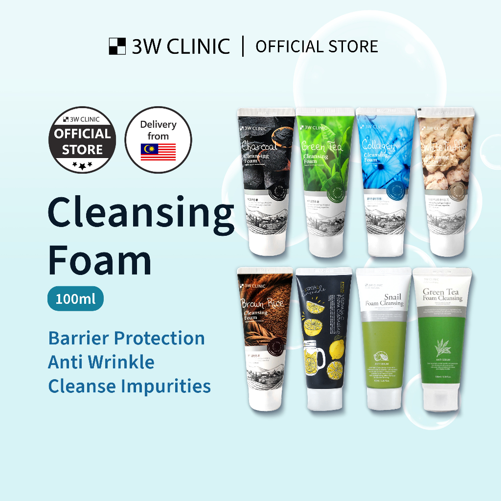 3W Clinic Cleansing Foam Green Tea/Collagen/Charcoal/Brown Rice/Vitamin ...